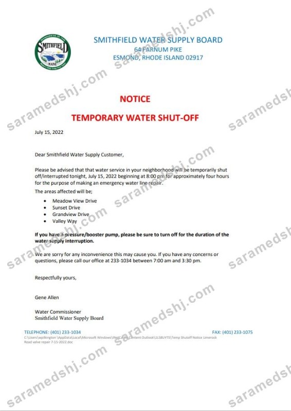 USA Rhode Island Smithfield water supply board water shut off notice, Word and PDF template